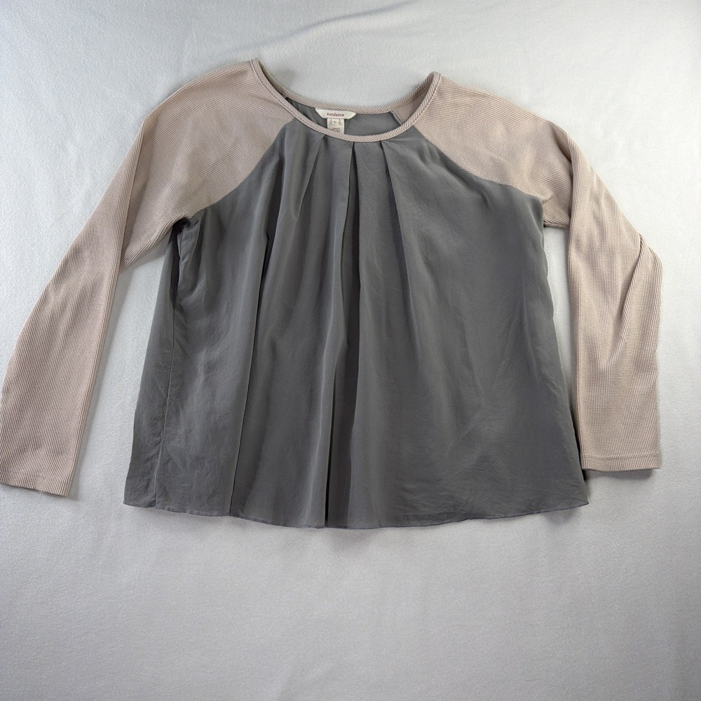 Sundance Womens L Gray Silk Blouse Long Sleeve Textured Colorblock Top